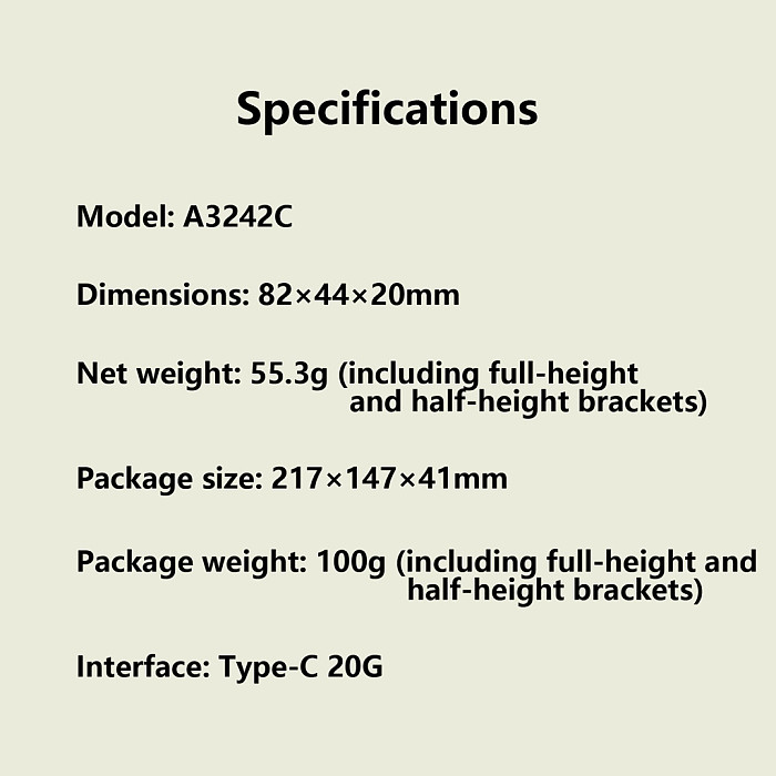 PCIe 3.0 x4 to USB 3.2 Gen 2x2 20Gbps Type-C Adapter Card, ASM3242 Controller Expansion Card, Rear I/O Mount, PCB Board, for Desktop PC Motherboard