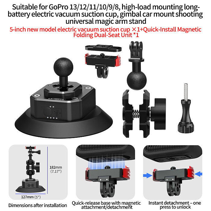 5-Inch Electric Vacuum Suction Cup Camera Mount - Heavy-Duty Aluminum Alloy Car Glass Holder with Auto Pressure Detection, 1/4 /3/8 /ARRI-Standard Interfaces for Camera, Monitor, Fill Light