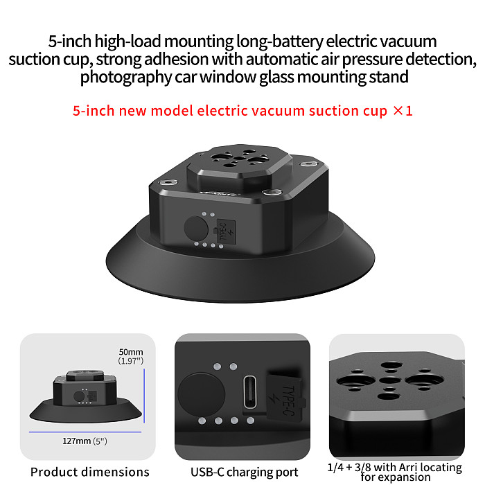 5-Inch Electric Vacuum Suction Cup Camera Mount - Heavy-Duty Aluminum Alloy Car Glass Holder with Auto Pressure Detection, 1/4 /3/8 /ARRI-Standard Interfaces for Camera, Monitor, Fill Light