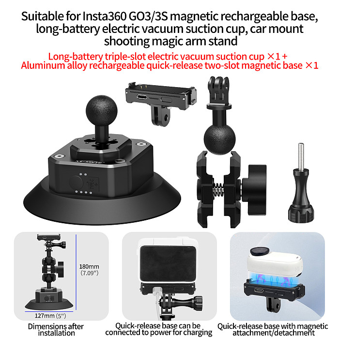 5-Inch Electric Vacuum Suction Cup Camera Mount - Heavy-Duty Aluminum Alloy Car Glass Holder with Auto Pressure Detection, 1/4 /3/8 /ARRI-Standard Interfaces for Camera, Monitor, Fill Light