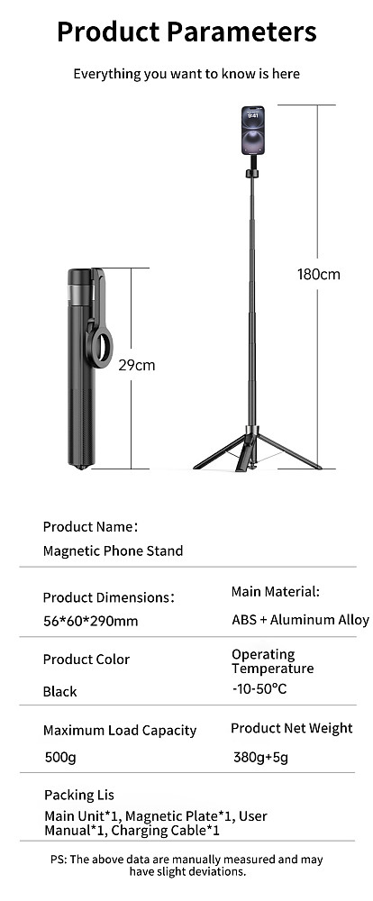 All-in-One Magnetic Phone Tripod Selfie Stick - 180cm Extendable Stand with 10m Bluetooth-Compatible Remote, Landscape & Portrait Switch for iOS/Android /HarmonyOS