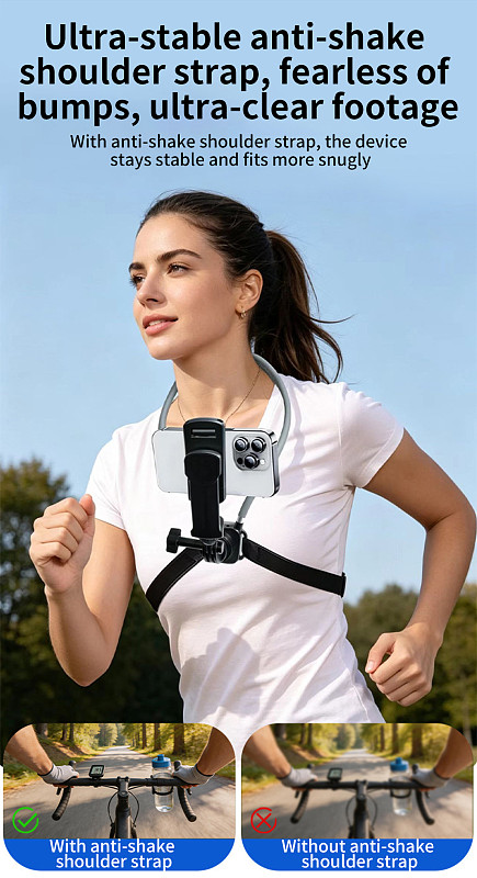Anti-Shake POV Chest Mount for Cycling & Sports - Hands-Free Neck Holder with 3-Slot Phone Clamp & 1/4  Screw, Universal Fit for Action Cameras & Mobile Phones