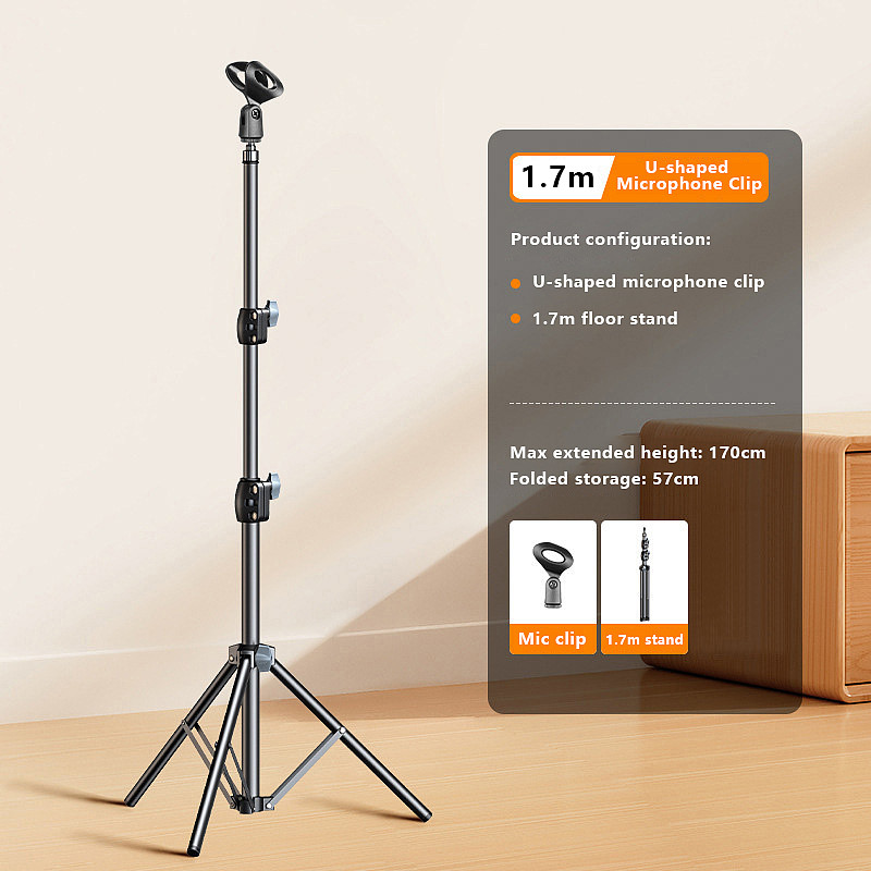 1.7m Telescopic Floor Microphone Stand - Heavy-Duty Metal Single-Pole Mic Stand with Universal Mic Clip, Height & Angle Adjustable for Live Streaming, Podcast, Stage