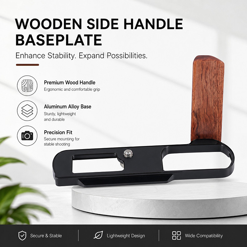 L-Bracket with Wooden Handle for Panasonic LUMIX L10 - Aluminum & Wood Arca-Swiss Quick Release Plate
