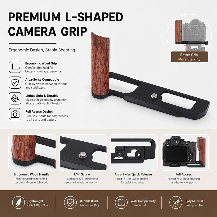 L-Bracket with Wooden Handle for Panasonic LUMIX L10 - Aluminum & Wood Arca-Swiss Quick Release Plate