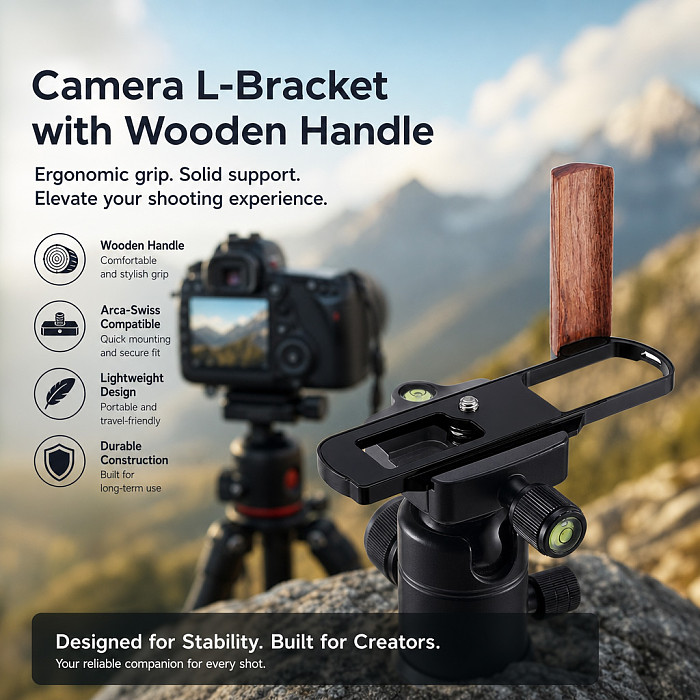 L-Bracket with Wooden Handle for Panasonic LUMIX L10 - Aluminum & Wood Arca-Swiss Quick Release Plate