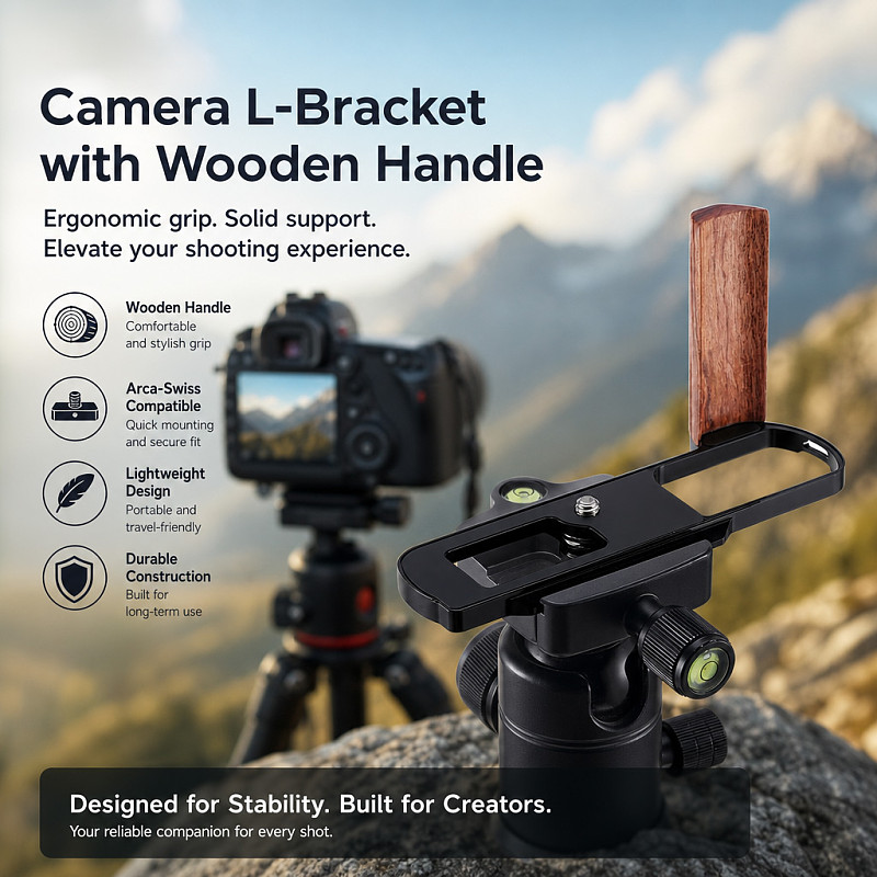 L-Bracket with Wooden Handle for Panasonic LUMIX L10 - Aluminum & Wood Arca-Swiss Quick Release Plate