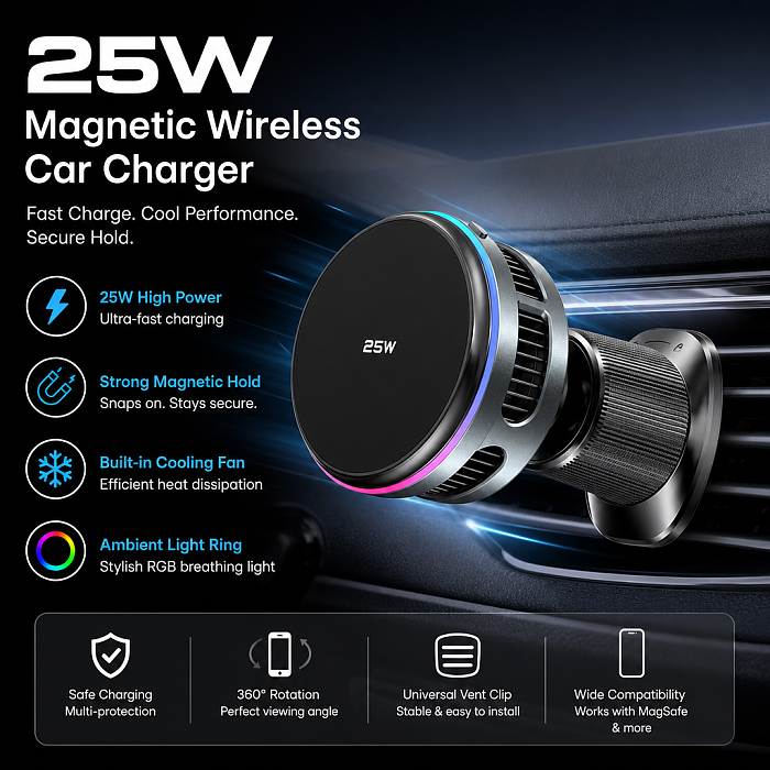 25W Fast Charging Magnetic Car Mount for iPhone - Air Vent Phone Holder with Built-in Cooling Fan,with Strong Magnet & 360° Rotation for GPS Navigation & Long Drives