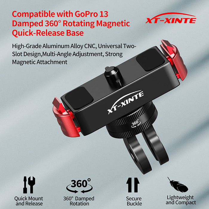 XT-XINTE Magnetic Quick Release Base for GoPro13/12/11/10/9/8 - 360° Damping Rotation Aluminum Mount with N52 Strong Magnet, For Tripod & Selfie Stick