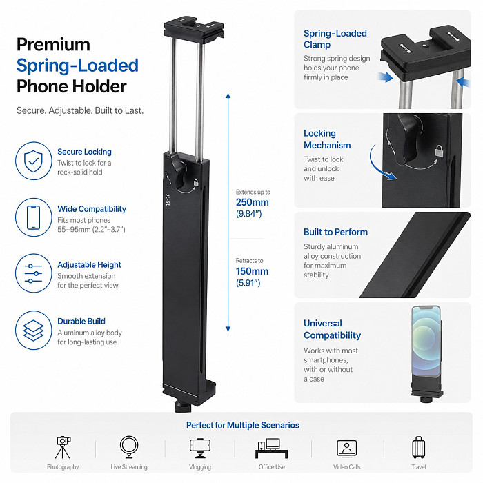Aluminum Alloy Tablet Stand for iPad - Desktop Holder with Secure Clamp Mount for Live Streaming & Photography