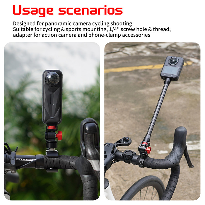 Dual Gear Locking Camera Bracket 180° Tilt 360° Swivel Aluminum Ball Head Mount for GoPro DJI Insta360 Phone Motorcycle Cycling