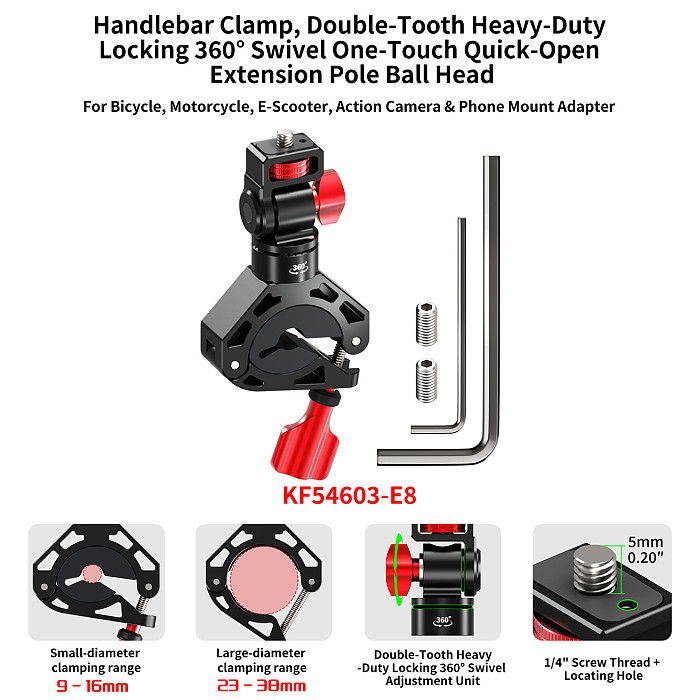 Dual Gear Locking Camera Bracket 180° Tilt 360° Swivel Aluminum Ball Head Mount for GoPro DJI Insta360 Phone Motorcycle Cycling