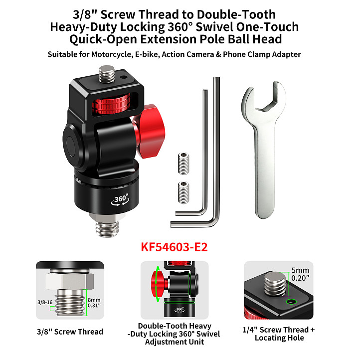 Dual Gear Locking Camera Bracket 180° Tilt 360° Swivel Aluminum Ball Head Mount for GoPro DJI Insta360 Phone Motorcycle Cycling