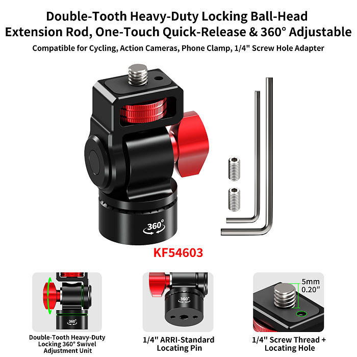 Dual Gear Locking Camera Bracket 180° Tilt 360° Swivel Aluminum Ball Head Mount for GoPro DJI Insta360 Phone Motorcycle Cycling
