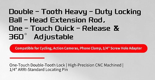 Dual Gear Locking Camera Bracket 180° Tilt 360° Swivel Aluminum Ball Head Mount for GoPro DJI Insta360 Phone Motorcycle Cycling