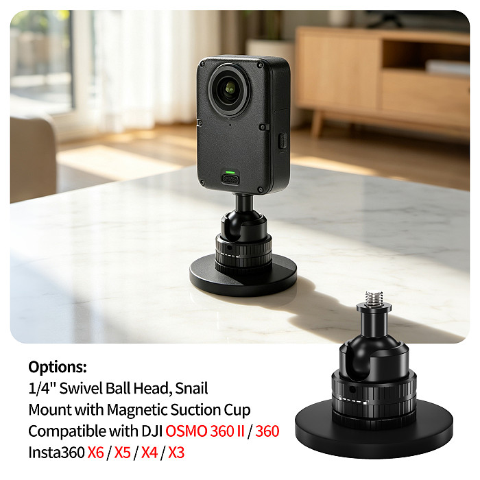 66mm Rubber-Coated Strong Magnetic Mount with 1/4  Ball Head Snail Cloud Head - 360° Swivel Universal Mounting Base for Metal Surfaces, Compatible with DJI Osmo Action 6/5/Osmo 360/Pocket 4P, Insta360 Ace Pro/X6/X5/Luna Ultra, GoPro Hero 13 and Other 1/4  Thread Devices