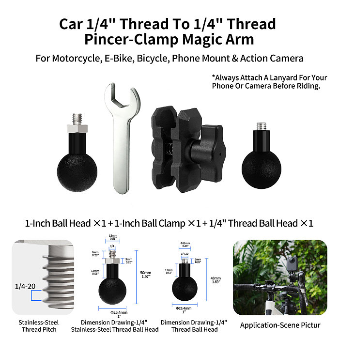 Stainless Steel 1/4, M6, M8, M10, 3/8 Thread To Ball Head Mount Adapter. Camera, motorcycle, e-bike & bicycle phone holder accessory. Connect camera base, fill light, gimbal, tripod, cage, magic arm and other audio-video devices.