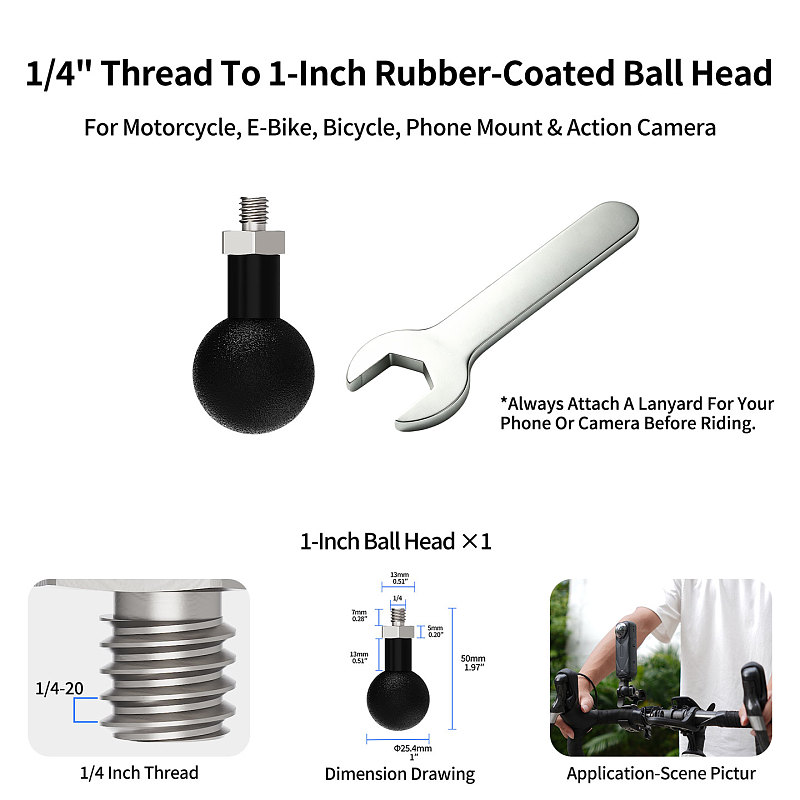 Stainless Steel 1/4, M6, M8, M10, 3/8 Thread To Ball Head Mount Adapter. Camera, motorcycle, e-bike & bicycle phone holder accessory. Connect camera base, fill light, gimbal, tripod, cage, magic arm and other audio-video devices.