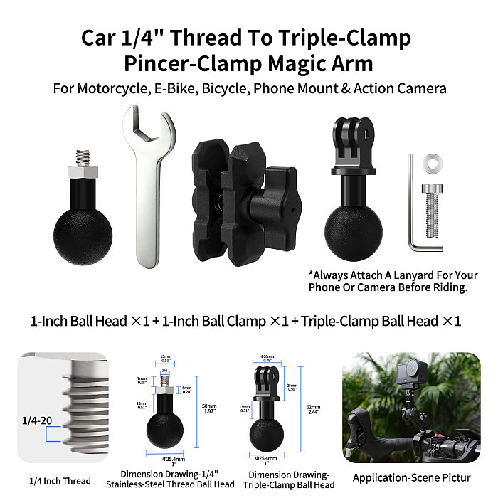 Stainless Steel 1/4, M6, M8, M10, 3/8 Thread To Ball Head Mount Adapter. Camera, motorcycle, e-bike & bicycle phone holder accessory. Connect camera base, fill light, gimbal, tripod, cage, magic arm and other audio-video devices.