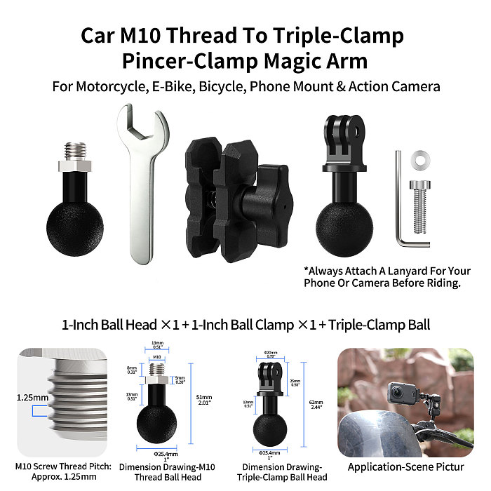 Stainless Steel 1/4, M6, M8, M10, 3/8 Thread To Ball Head Mount Adapter. Camera, motorcycle, e-bike & bicycle phone holder accessory. Connect camera base, fill light, gimbal, tripod, cage, magic arm and other audio-video devices.