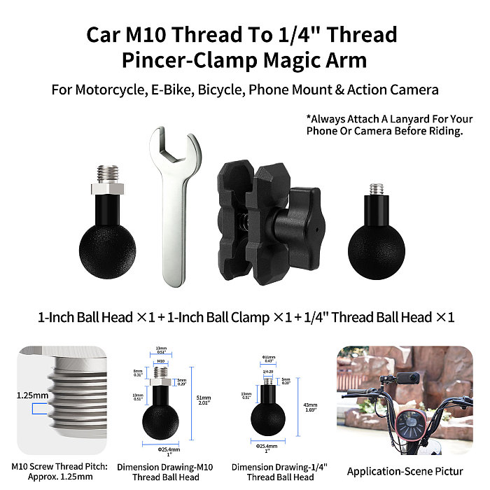 Stainless Steel 1/4, M6, M8, M10, 3/8 Thread To Ball Head Mount Adapter. Camera, motorcycle, e-bike & bicycle phone holder accessory. Connect camera base, fill light, gimbal, tripod, cage, magic arm and other audio-video devices.