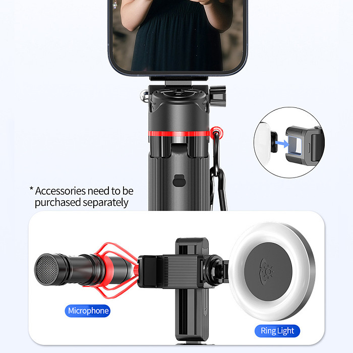 Extendable Floor Compatible-Bluetooth Selfie Stick Tripod with One-Touch Quick Setup, Built-in 10M Compatible-Bluetooth Remote, Dual Cold Shoe for Fill Light & Microphone, Adjustable Height Portable Phone Holder for Live Streaming Selfie Short Video, Compatible with Android 4.4+ iOS 5.1+