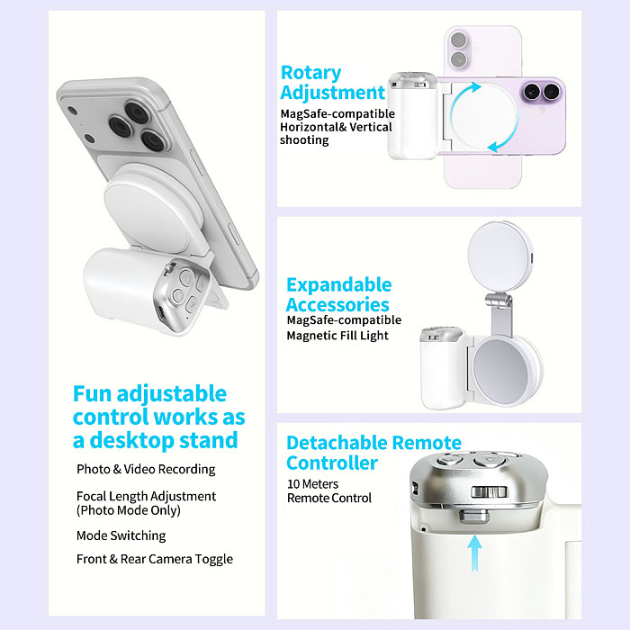 Magnetic Phone Shooting Grip with Detachable Compatible-Bluetooth Remote, 10M Remote Control for Zoom, Photo Video Capture, Portrait & Landscape Switch, Built-in 1/4 Inch Screw Hole, Desktop Stand, Compatible with iOS Android Phones, Work with Tripod Selfie Stick