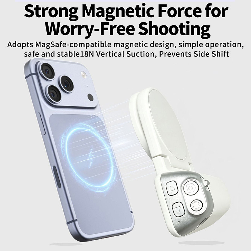 Magnetic Phone Shooting Grip with Detachable Compatible-Bluetooth Remote, 10M Remote Control for Zoom, Photo Video Capture, Portrait & Landscape Switch, Built-in 1/4 Inch Screw Hole, Desktop Stand, Compatible with iOS Android Phones, Work with Tripod Selfie Stick