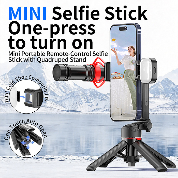 Extendable Floor Compatible-Bluetooth Selfie Stick Tripod with One-Touch Quick Setup, Built-in 10M Compatible-Bluetooth Remote, Dual Cold Shoe for Fill Light & Microphone, Adjustable Height Portable Phone Holder for Live Streaming Selfie Short Video, Compatible with Android 4.4+ iOS 5.1+