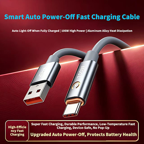 100W PD Smart Power-Off Silicone Charging Cable - Auto Cut-Off When Fully Charged to Protect Battery, Soft Liquid Silicone Fast Charging Data Cable for iPhone 17/Huawei/ Android Devices（1M Grey version）