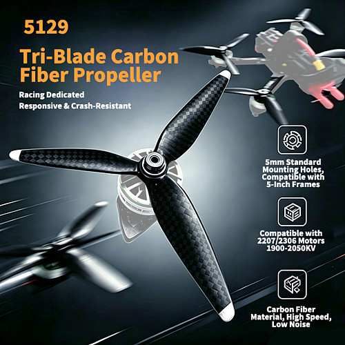 4Pcs 5129 Carbon Fiber 3-Blade Propellers For 5-Inch FPV Drone, Fit 2207~2306 Motors, 7Mm Hub, 5Mm Shaft Hole