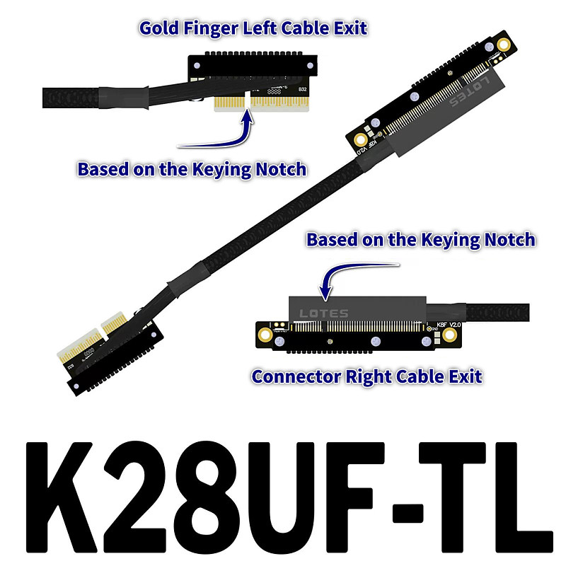（ADT-LINK））Dual Reverse Side-Bend PCIe 5.0 x4 to x8 High-Speed Lossless Soft Ribbon Cable - Supports Network Cards, SSDs and Hard Drive Adapter Cards, 30cm (Customizable Length)