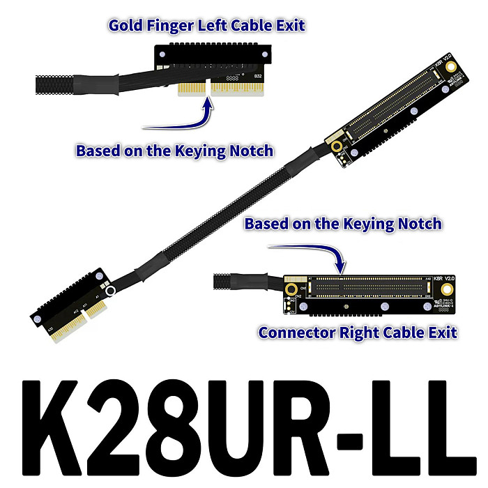 （ADT-LINK））Dual Reverse Side-Bend PCIe 5.0 x4 to x8 High-Speed Lossless Soft Ribbon Cable - Supports Network Cards, SSDs and Hard Drive Adapter Cards, 30cm (Customizable Length)