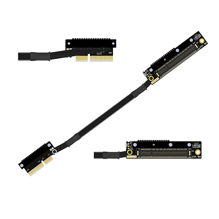 （ADT-LINK））Dual Reverse Side-Bend PCIe 5.0 x4 to x8 High-Speed Lossless Soft Ribbon Cable - Supports Network Cards, SSDs and Hard Drive Adapter Cards, 30cm (Customizable Length)
