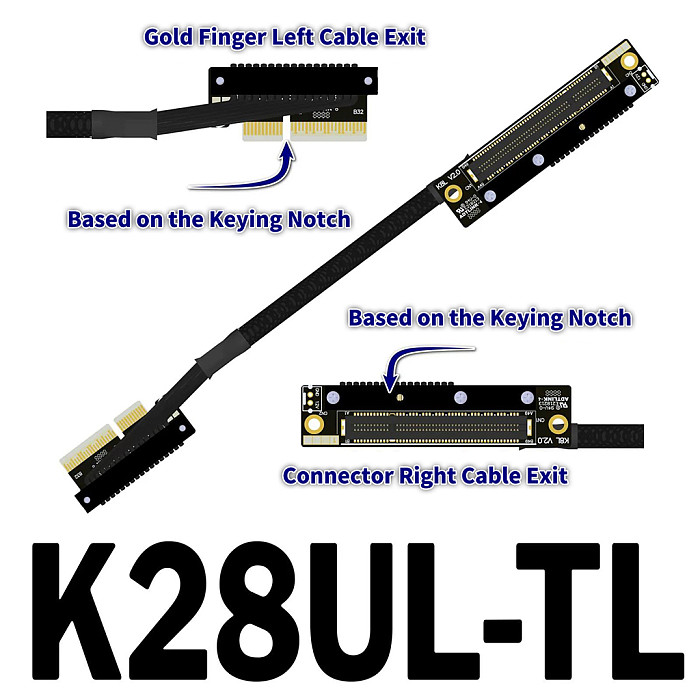 （ADT-LINK））Dual Reverse Side-Bend PCIe 5.0 x4 to x8 High-Speed Lossless Soft Ribbon Cable - Supports Network Cards, SSDs and Hard Drive Adapter Cards, 30cm (Customizable Length)