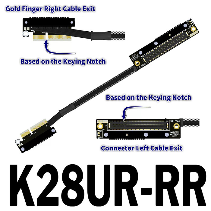（ADT-LINK））Dual Reverse Side-Bend PCIe 5.0 x4 to x8 High-Speed Lossless Soft Ribbon Cable - Supports Network Cards, SSDs and Hard Drive Adapter Cards, 30cm (Customizable Length)