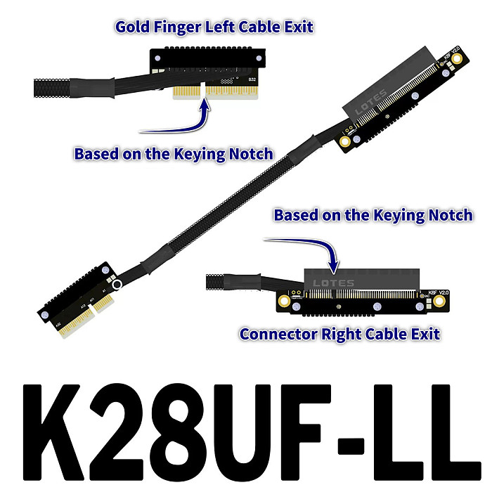 （ADT-LINK））Dual Reverse Side-Bend PCIe 5.0 x4 to x8 High-Speed Lossless Soft Ribbon Cable - Supports Network Cards, SSDs and Hard Drive Adapter Cards, 30cm (Customizable Length)