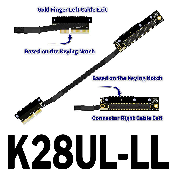 （ADT-LINK））Dual Reverse Side-Bend PCIe 5.0 x4 to x8 High-Speed Lossless Soft Ribbon Cable - Supports Network Cards, SSDs and Hard Drive Adapter Cards, 30cm (Customizable Length)