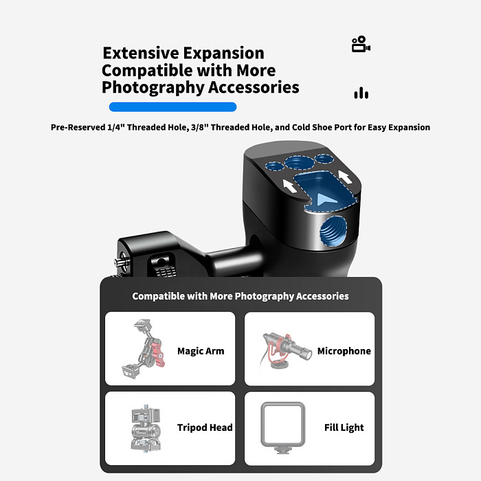 Aluminum Camera Cage Side Handle with ARRI-Standard Locating Holes & 1/4  Threads Top Handle and Cold Shoe Mount, Modular Photography Rig for DSLR/Mirrorless Video Shooting