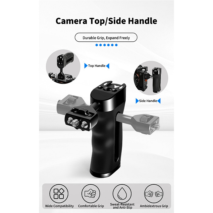 Aluminum Camera Cage Side Handle with ARRI-Standard Locating Holes & 1/4  Threads Top Handle and Cold Shoe Mount, Modular Photography Rig for DSLR/Mirrorless Video Shooting