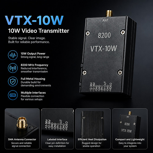 VTX-8200 10W Analog FPV Video Transmitter - 56-Channel 5.8G VTX with RPSMA Connector, Long-Range FPV Transmitter for RC Drones and FPV Racing