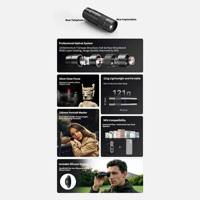 APEXEL 6X Telephoto Phone Lens - 156mm Full Metal Monocular Lens with 17mm Thread Mount, Universal Clip-On Long-Range Lens for Concerts, Sports and Wildlife Photography