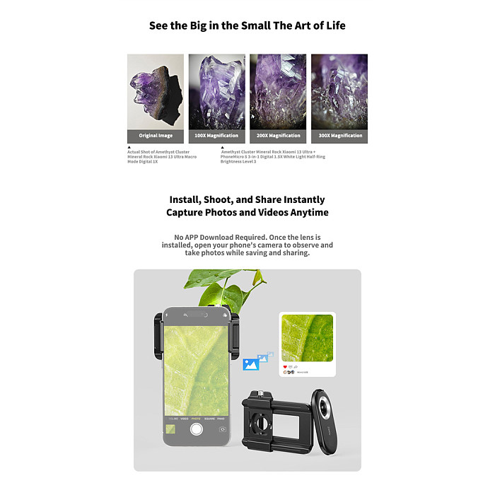 APEXEL 3-in-1 Phone Microscope Lens 100X/200X/300X - UV Light + CPL Polarizer + LED Fill Light, Macro Inspection Lens for Jewelry, Currency, PCB and Insect Observation