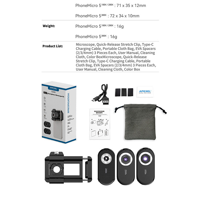 APEXEL 3-in-1 Phone Microscope Lens 100X/200X/300X - UV Light + CPL Polarizer + LED Fill Light, Macro Inspection Lens for Jewelry, Currency, PCB and Insect Observation