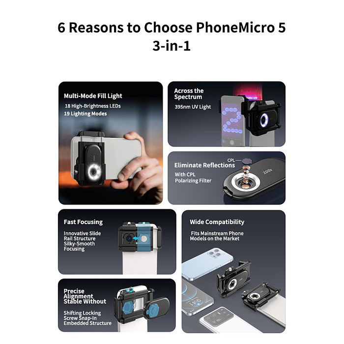 APEXEL 3-in-1 Phone Microscope Lens 100X/200X/300X - UV Light + CPL Polarizer + LED Fill Light, Macro Inspection Lens for Jewelry, Currency, PCB and Insect Observation