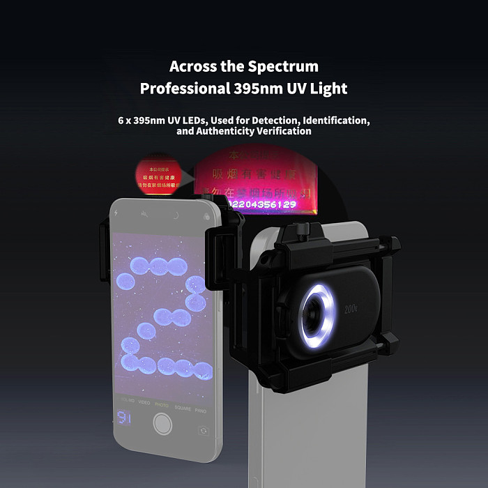 APEXEL 3-in-1 Phone Microscope Lens 100X/200X/300X - UV Light + CPL Polarizer + LED Fill Light, Macro Inspection Lens for Jewelry, Currency, PCB and Insect Observation