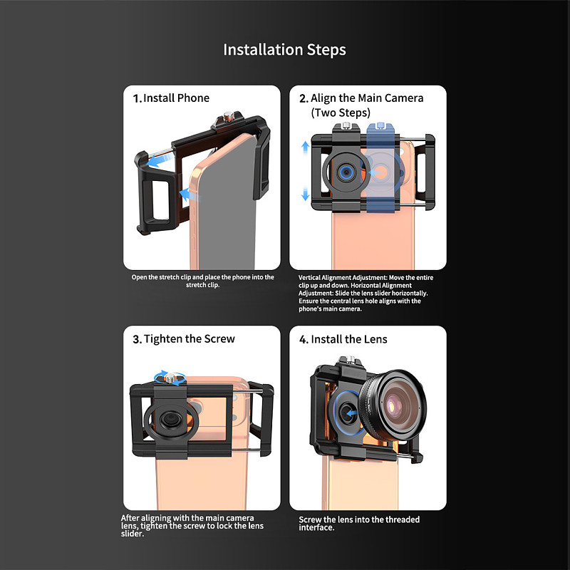 APEXEL Universal Stretching Clip for Telephoto & Macro Phone Lenses - Dual 17mm/37mm Thread Mount, Precision Focus Clip-On Adapter for Smartphones