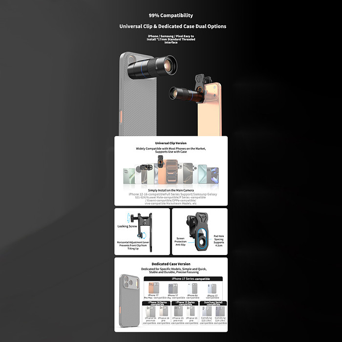 APEXEL 6X Telephoto Phone Lens - 156mm Full Metal Monocular Lens with 17mm Thread Mount, Universal Clip-On Long-Range Lens for Concerts, Sports and Wildlife Photography
