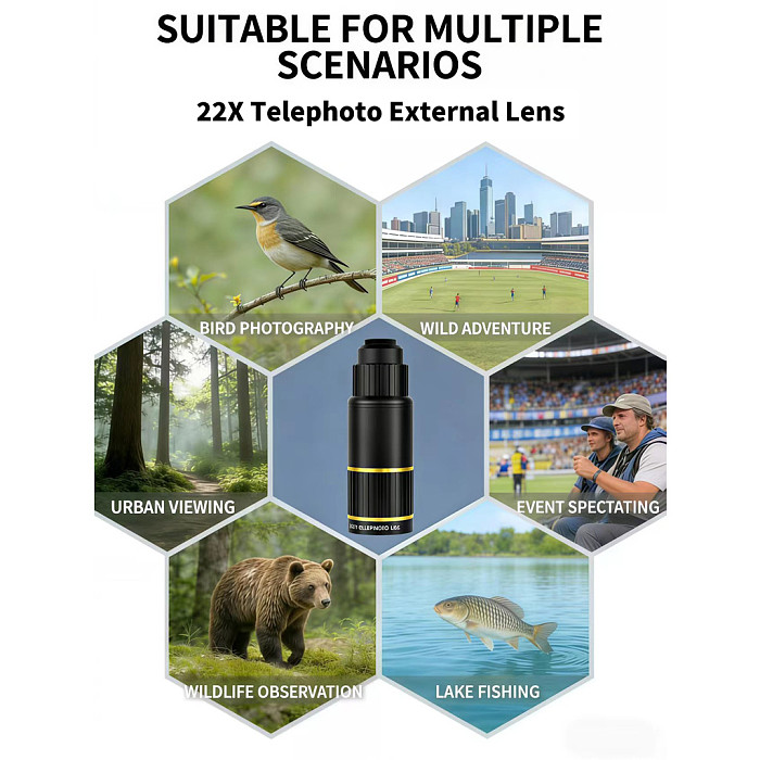 22X Monocular Telephoto Lens for Smartphone - Universal Clip-On Long-Range Camera Lens for Concerts,  Travel ﻿