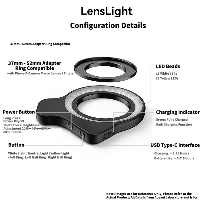 APEXEL Macro Ring Light - 37mm/52mm Thread Compatible Macro Fill Light with 3 Color Temperatures & 9 Brightness Levels, LED Ring Light for APEXEL Macro Lenses, Jewelry, Insect and Close-Up Photography